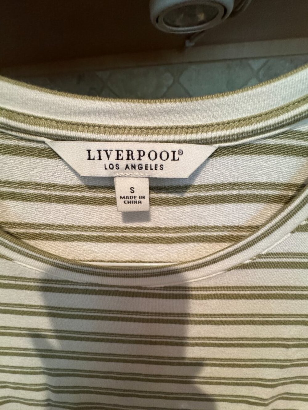 Liverpool Los Angeles Short Sleeve Striped Classic Pullover White & Olive Grn S - Picture 4 of 5